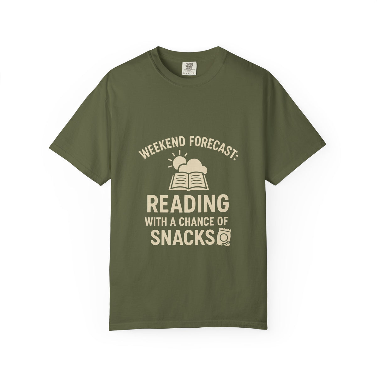 Reading & Snacks T-Shirt — "Weekend Forecast: Reading with a Chance of Snacks" - Trending Now - October 2026
