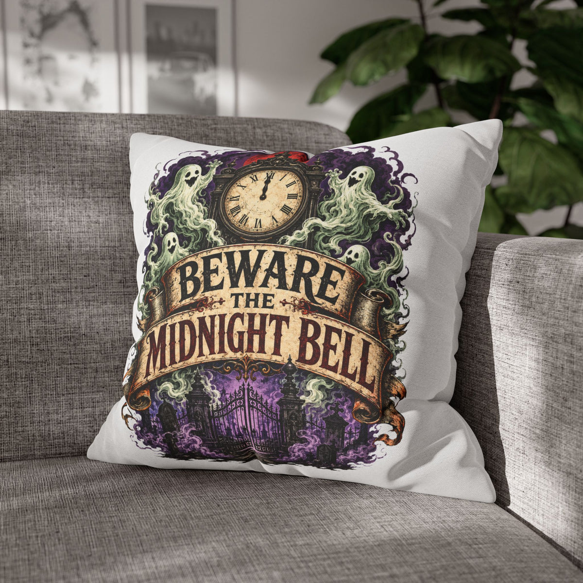 Halloween Beware the Midnight Bell Pillowcase — Haunted Clock & Ghosts Decorative Throw Pillow