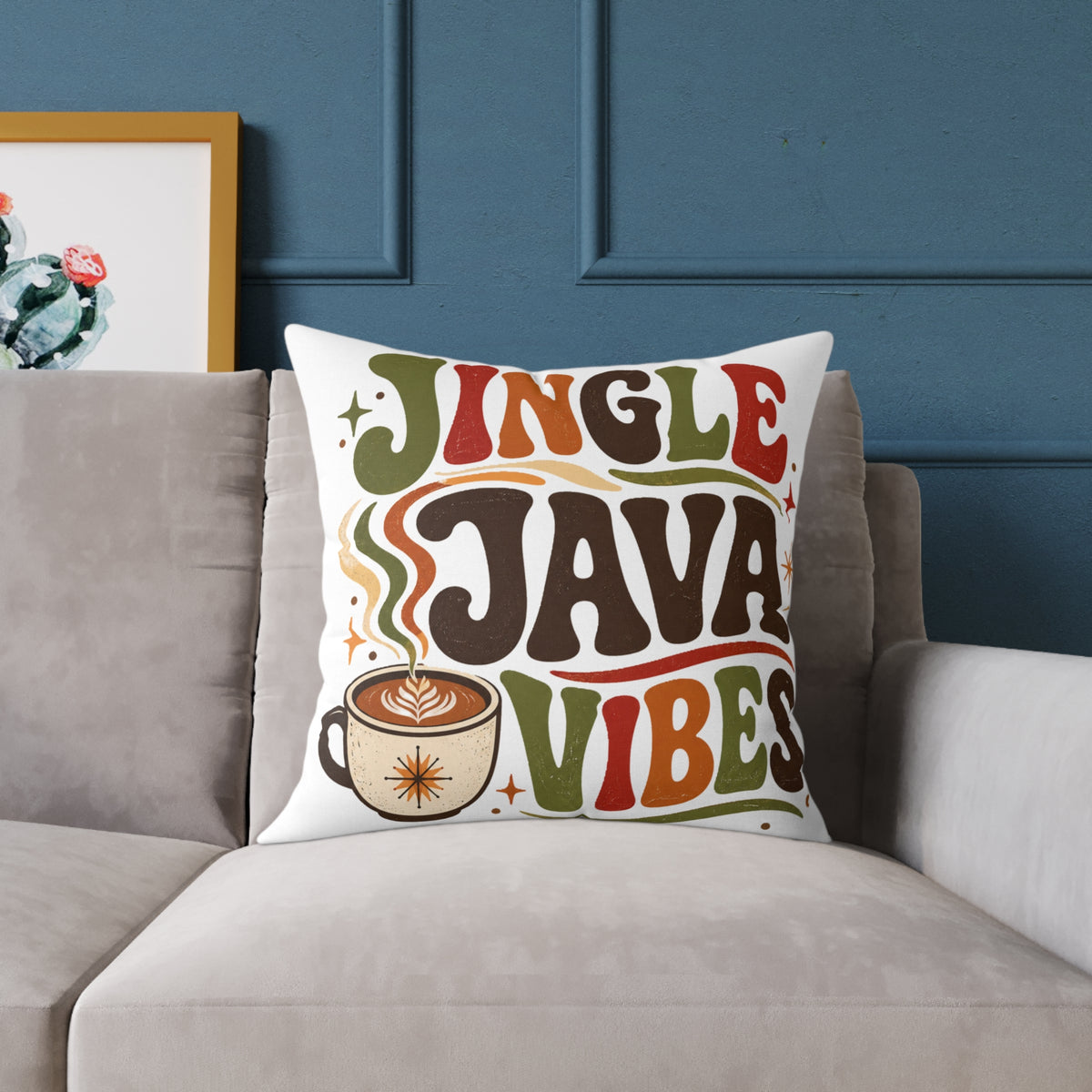 Christmas Square Pillow — "Jingle Java Vibes" Coffee Holiday Decorative Cushion