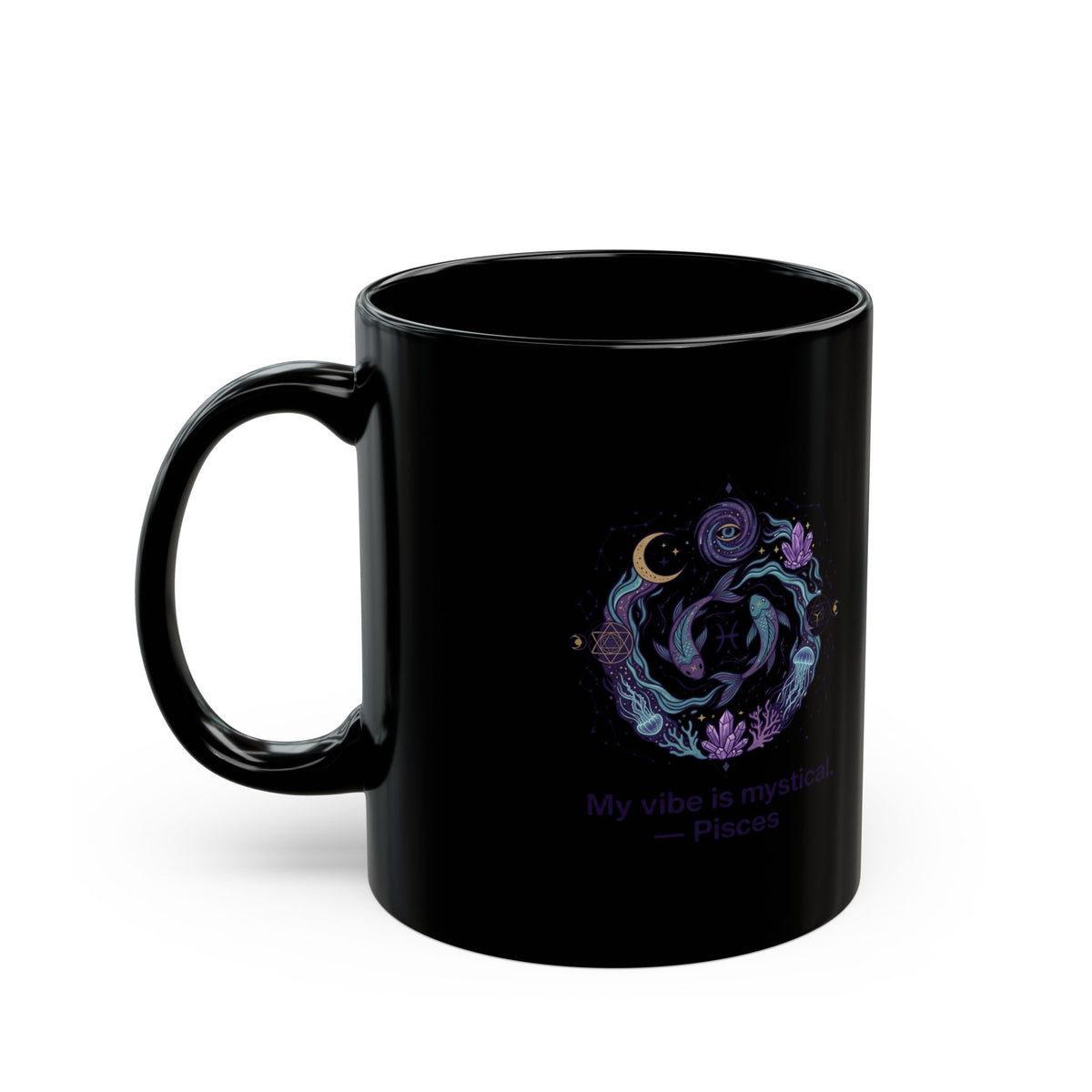 Pisces Zodiac Mystical Pisces Black Mug – Zodiac Coffee Cup with Moon & Floral Design