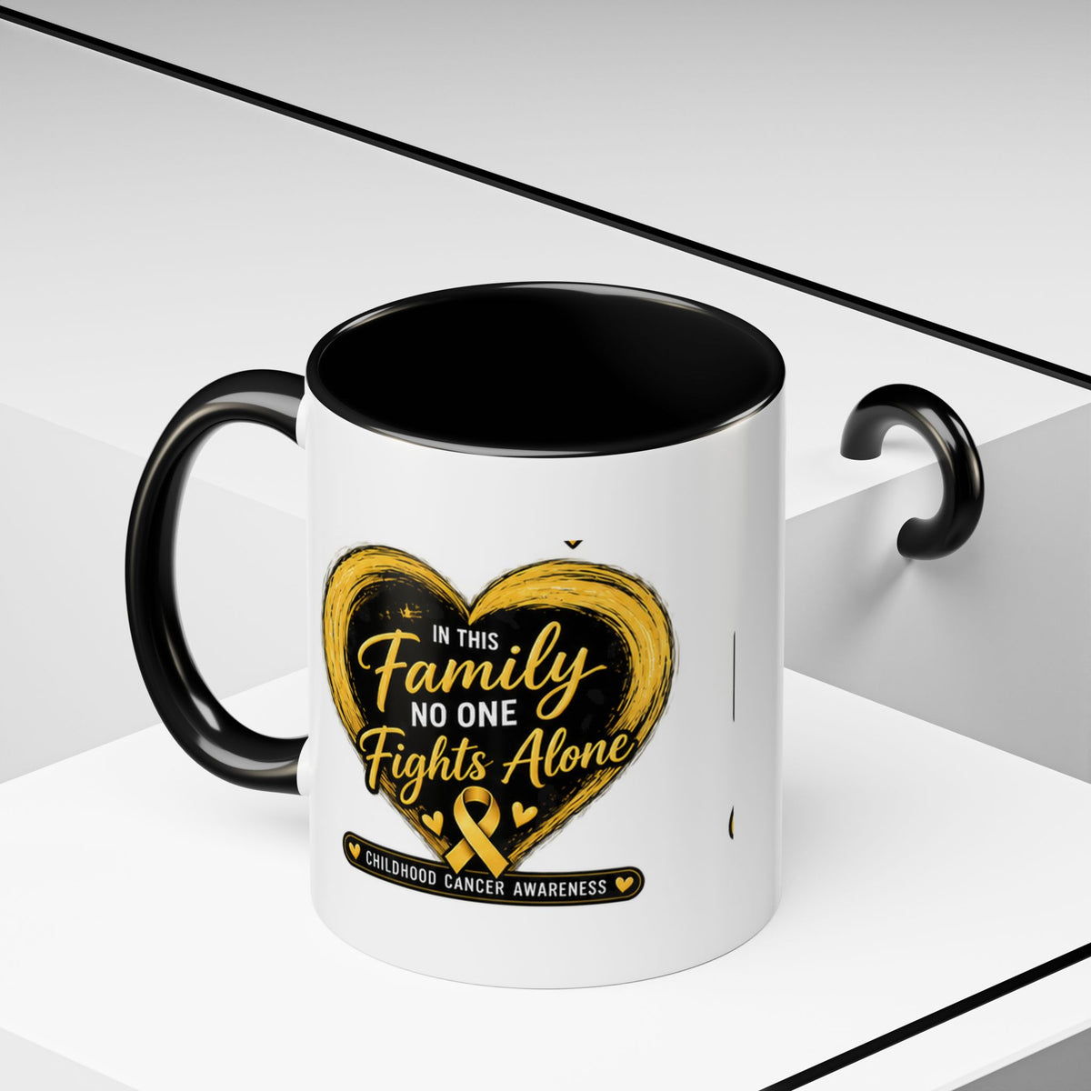 Childhood Cancer Awareness Accent Coffee Mug — "In This Family No One Fights Alone"