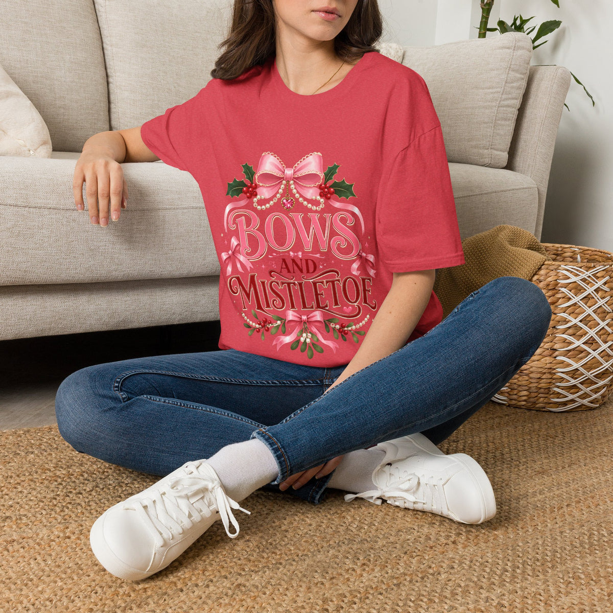 Bows and Mistletoe T-Shirt — Pink Holiday Bow Christmas Tee