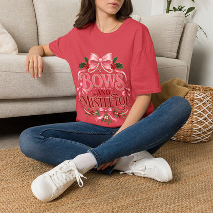 Bows and Mistletoe T-Shirt — Pink Holiday Bow Christmas Tee