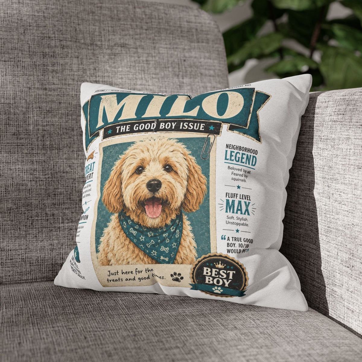 Personalized Dog Pillowcase — "Milo: The Good Boy Issue" Decorative Throw Pillowcase Milo Bailey Dog Dad Mom