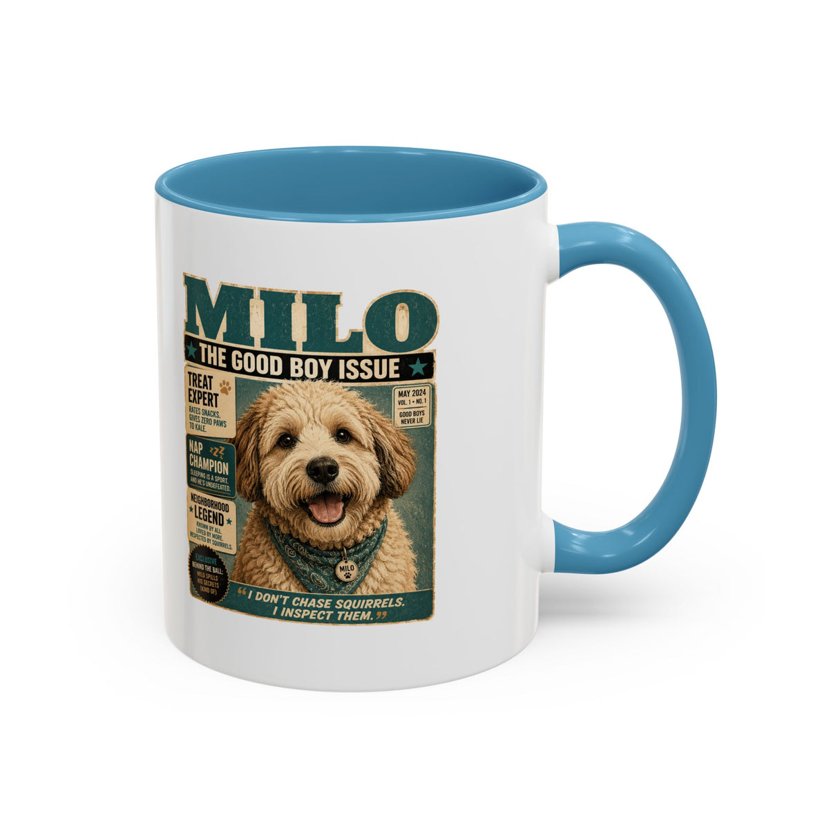 Milo Bailey Dog Dad Mom Milo 'The Good Boy Issue' Accent Coffee Mug – Cute Dog Magazine Cover Design
