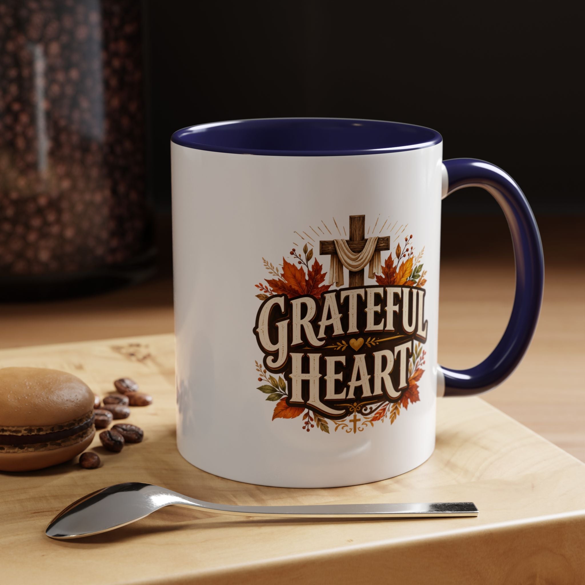 Thanksgiving Mug Grateful Heart Accent Coffee Mug – Autumn Leaves & Cross Spiritual Thanksgiving Gift