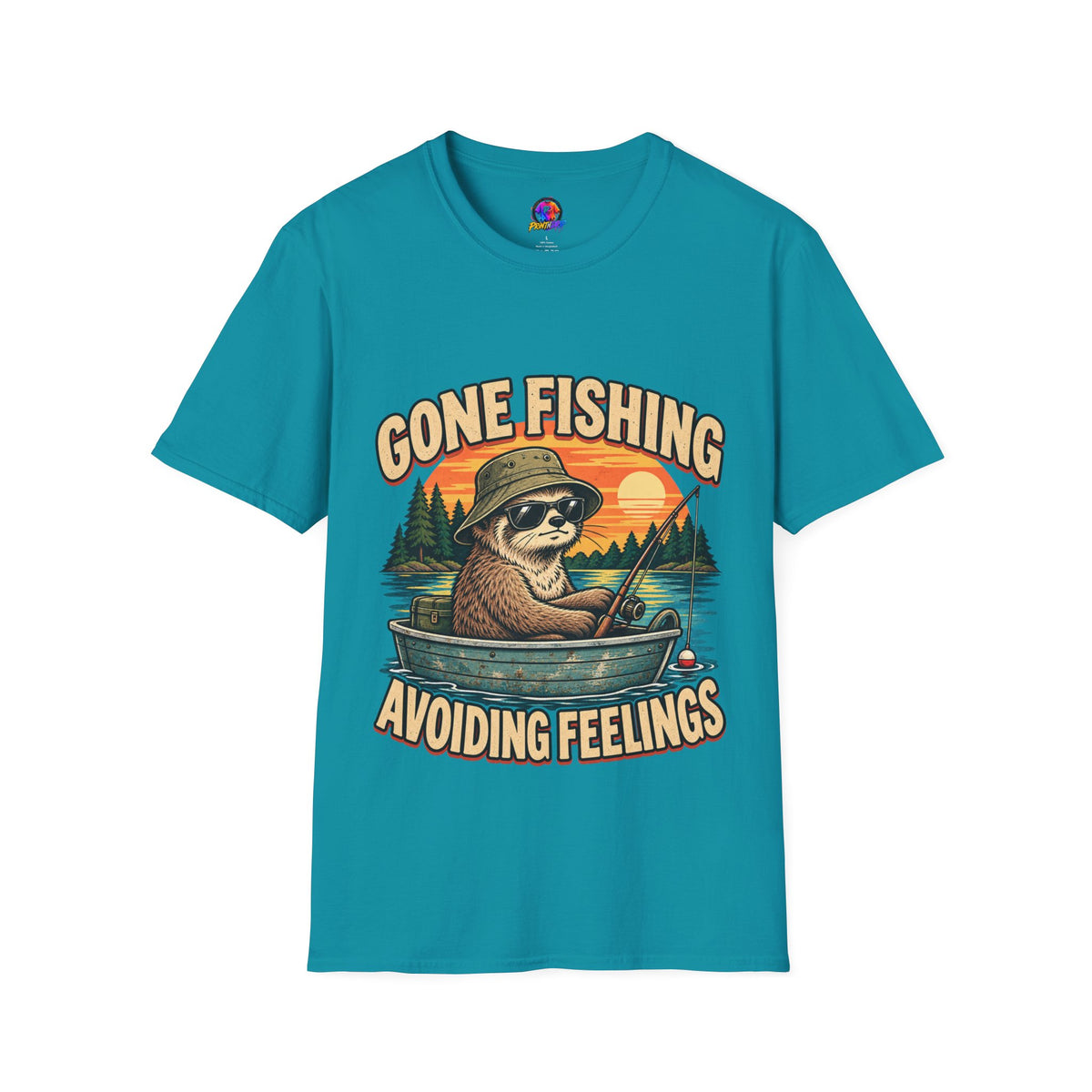 Funny And Witty T-Shirt — “Gone Fishing, Avoiding Feelings” Sloth Fishing Graphic Tee