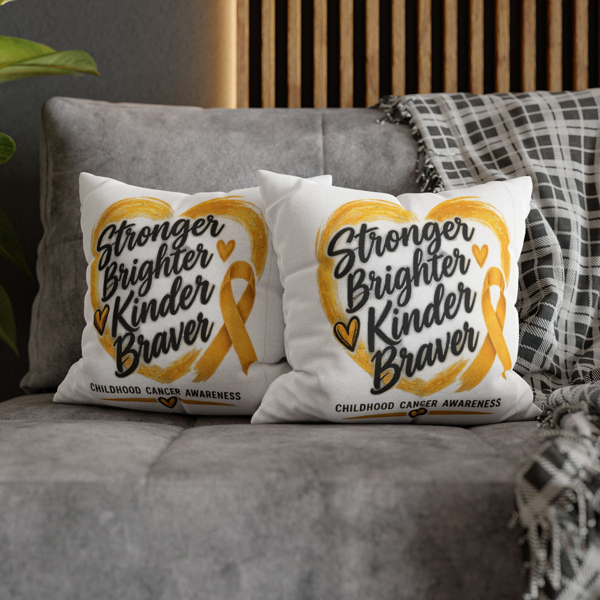 Childhood Cancer Awareness Pillowcase — "Stronger Brighter Kinder Braver" Gold Ribbon
