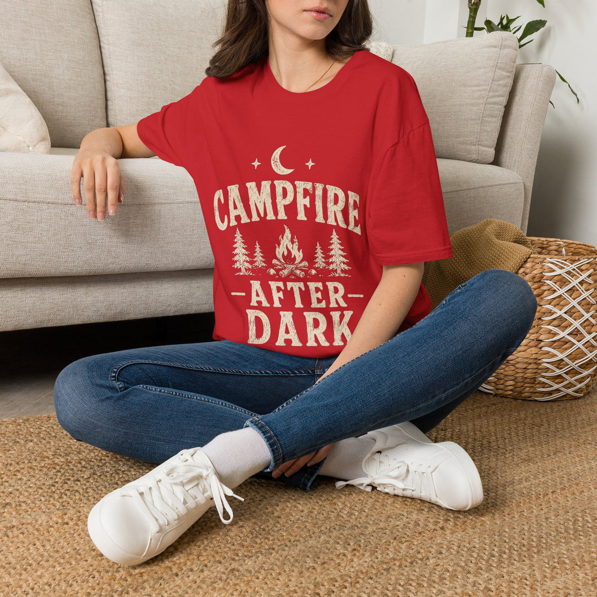 Campfire After Dark T-Shirt — Cozy Camping Moon & Trees Graphic