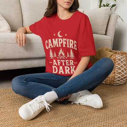 Campfire After Dark T-Shirt — Cozy Camping Moon & Trees Graphic