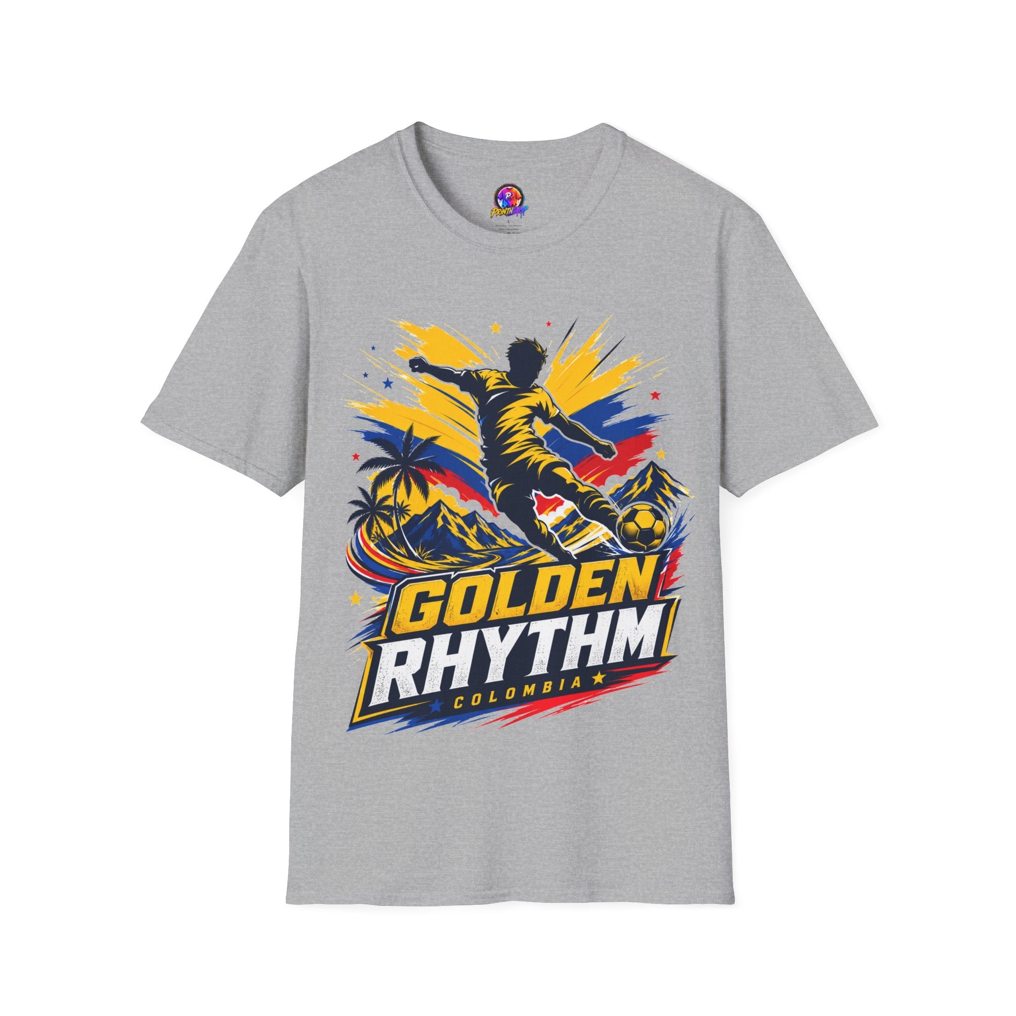 Columbia Soccer Player Graphic T-Shirt — "Golden Rhythm" Vibrant Beach Soccer Tee