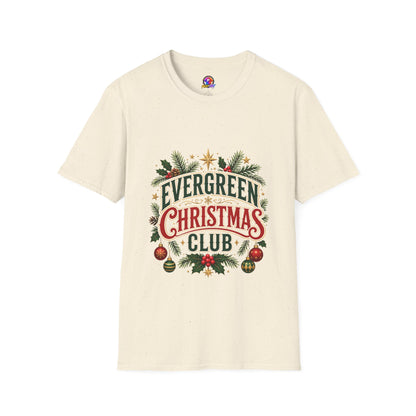 Evergreen Christmas Club T-Shirt — Vintage Holiday Pine & Ornaments Tee