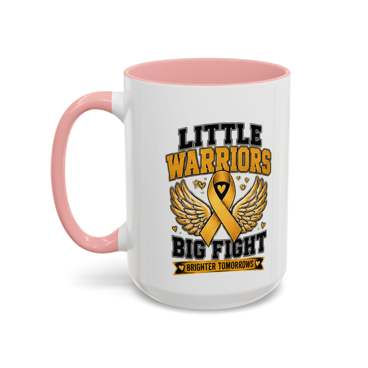 Little Warriors Big Fight Childhood Cancer Awareness Coffee Mug — Gold Ribbon Support Accent Mug