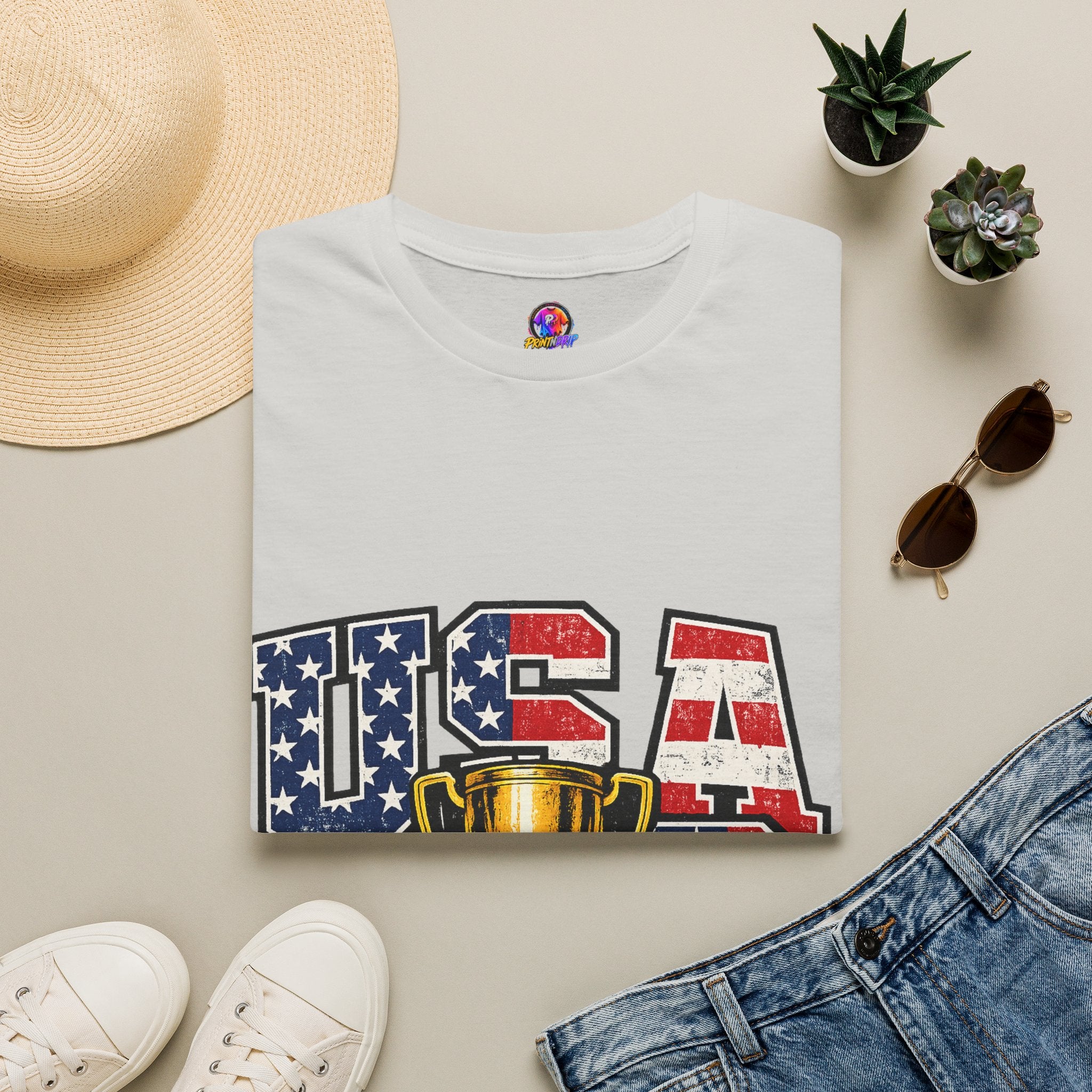 USA Trophy T-Shirt — Patriotic American Flag Graphic Tee