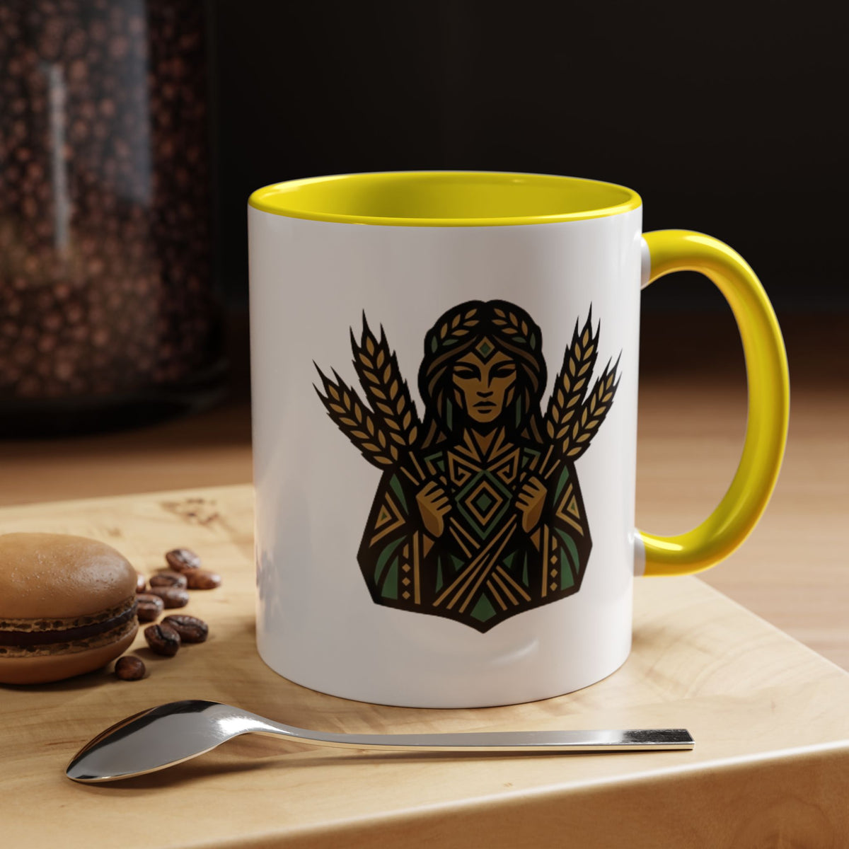 Virgo Zodiac Harvest Goddess Accent Coffee Mug — Rustic Wheat & Earthy Green Tribal Design