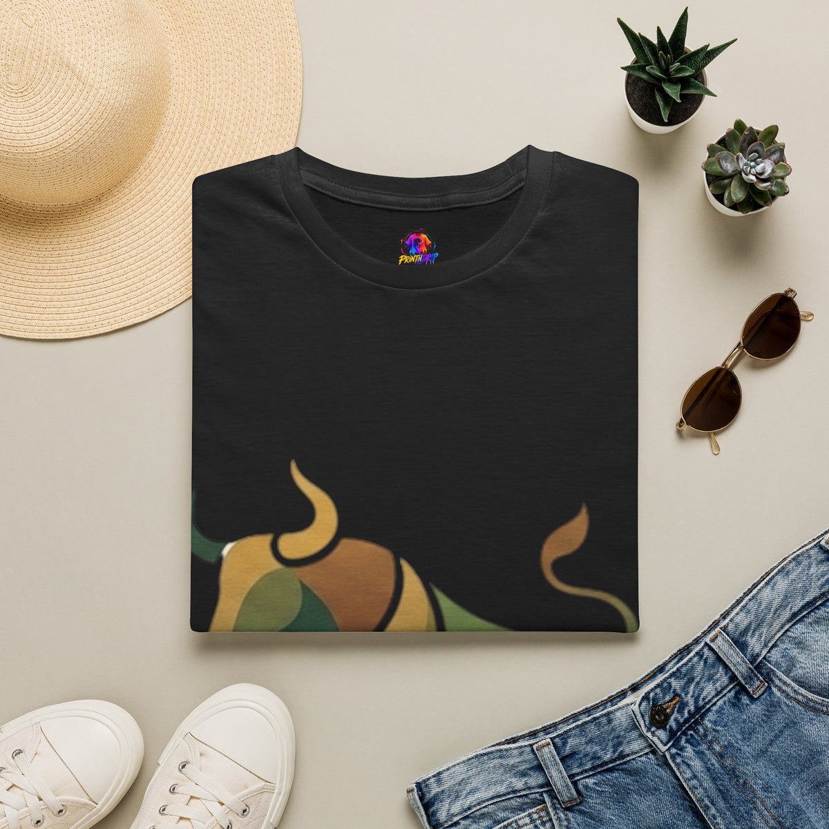 Bull Graphic T-Shirt — Earth Tone Geometric Taurus Design