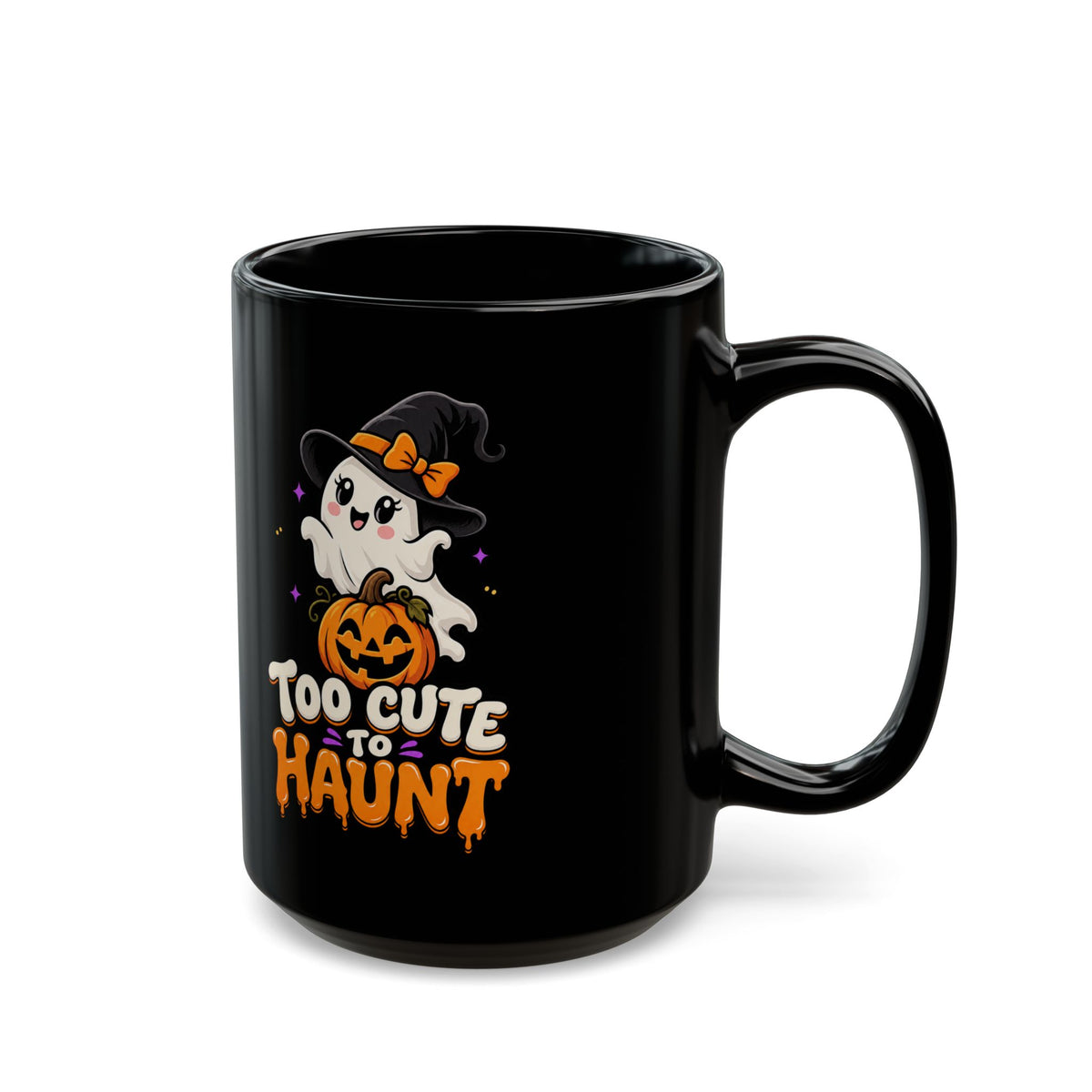 Too Cute to Haunt Halloween Mug — Black Ghost & Pumpkin Coffee Cup (11oz/15oz)