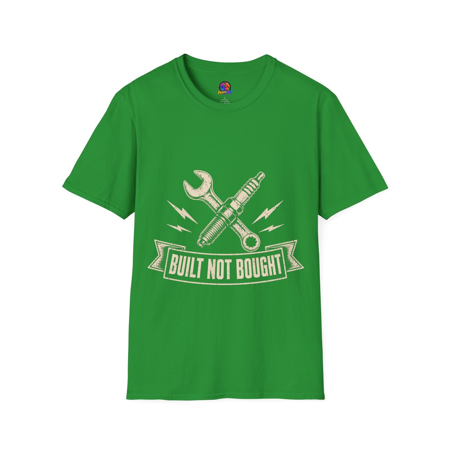 Built Not Bought T-Shirt — Vintage Mechanic Spark Plug & Wrench Tee for DIY Car Enthusiasts