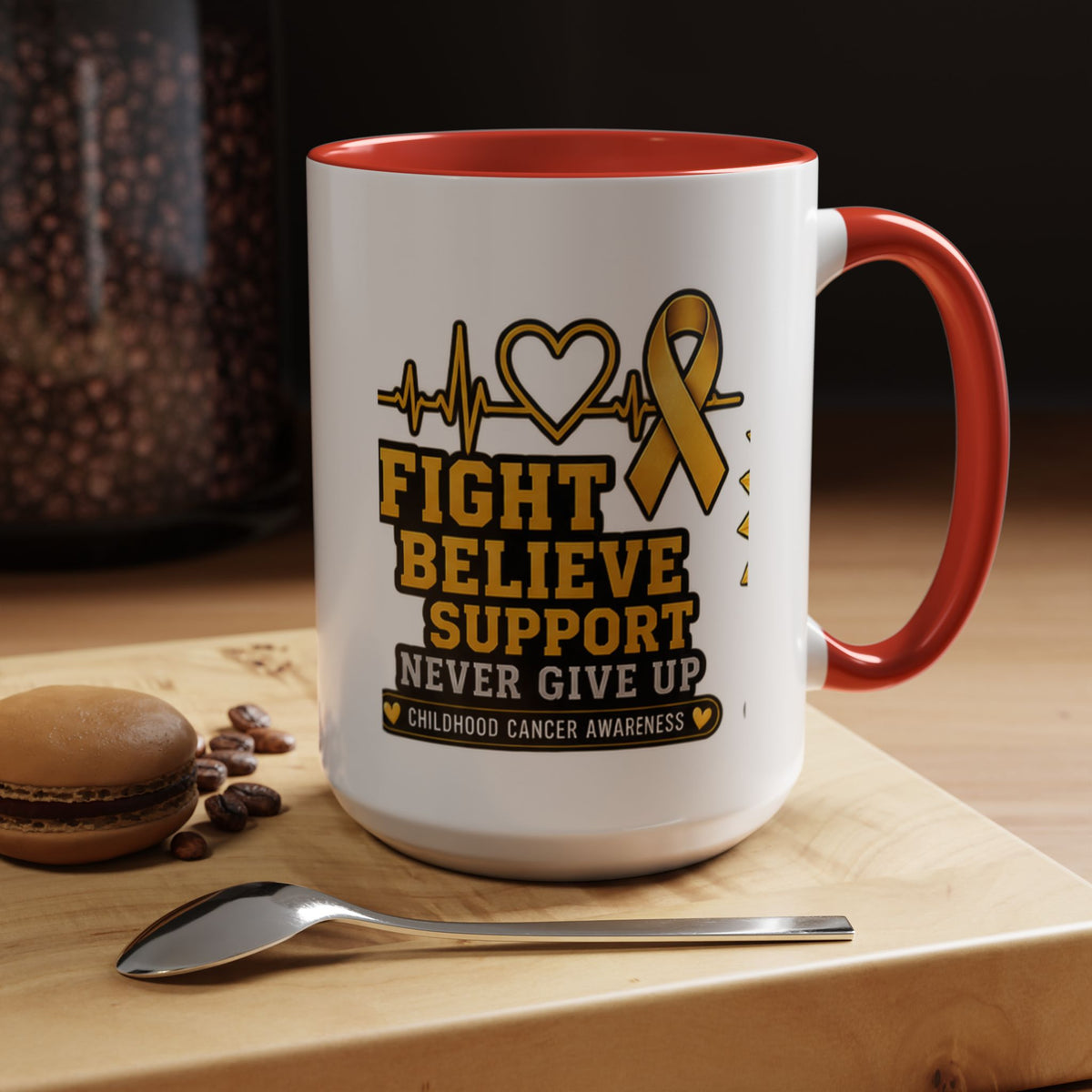 Childhood Cancer Awareness Accent Coffee Mug — "Fight Believe Support" 11/15oz
