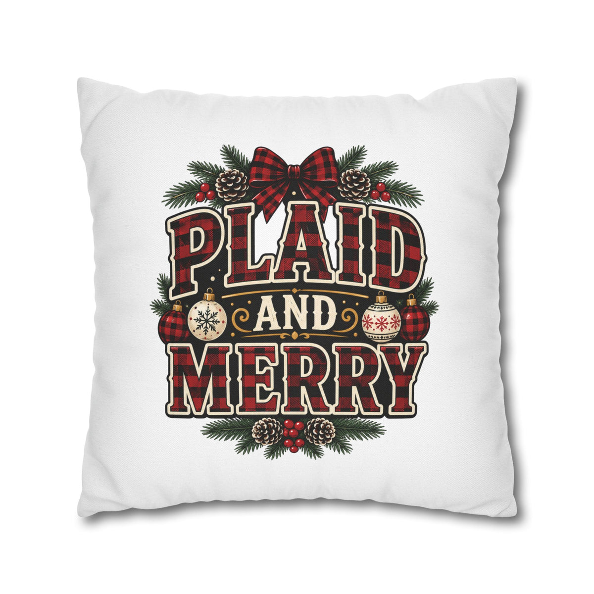 Plaid and Merry Christmas Throw Pillowcase — Festive Buffalo Plaid Holiday Decor