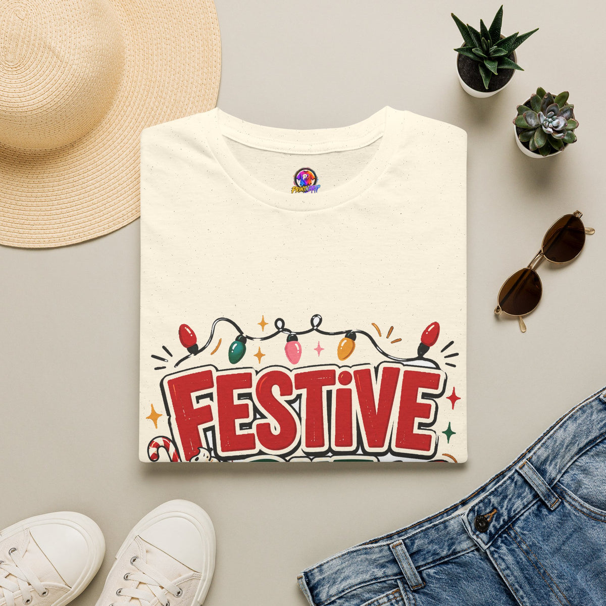 Festive But Tired T-Shirt — Holiday Christmas Crew Tee with Lights & Gingerbread