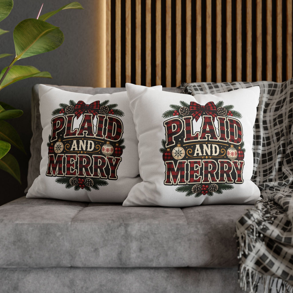 Plaid and Merry Christmas Throw Pillowcase — Festive Buffalo Plaid Holiday Decor