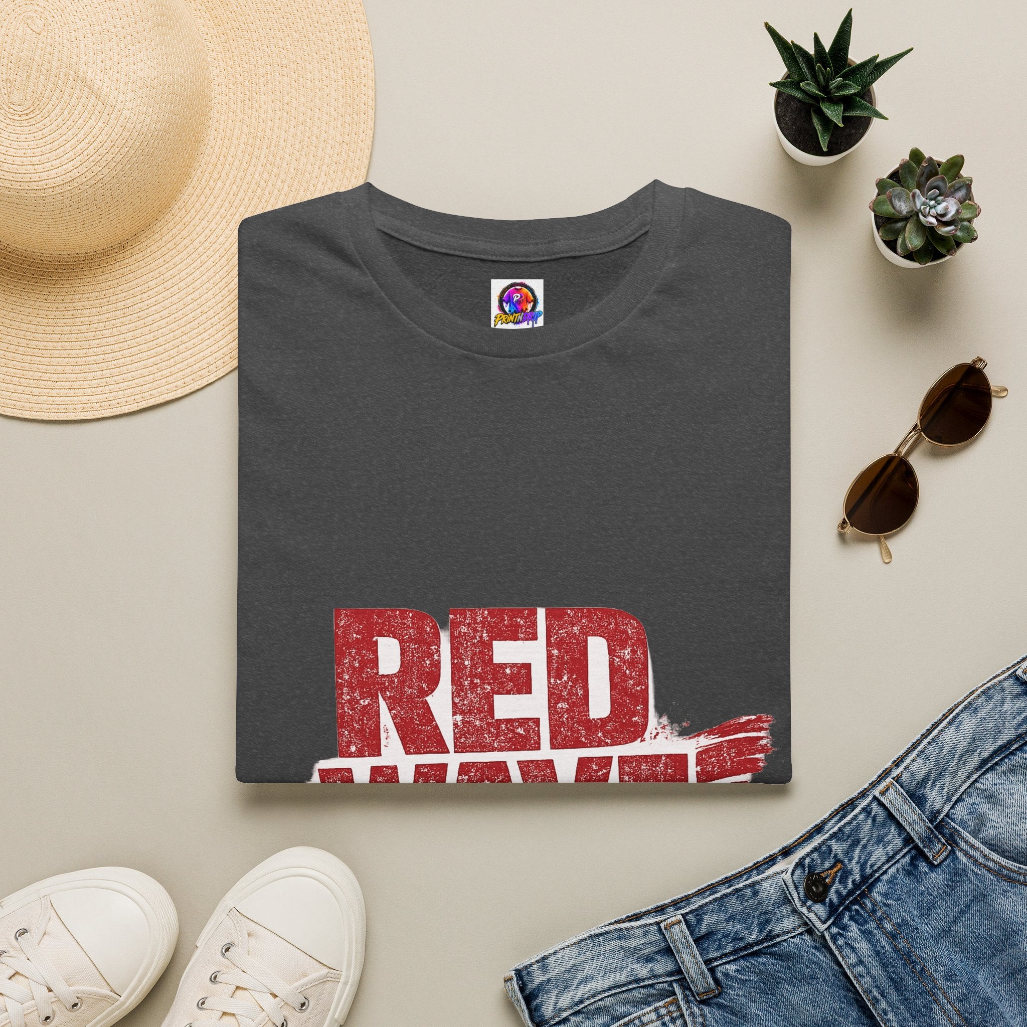 South Korea Red Wave Graphic T‑Shirt — Vintage Distressed Logo Tee