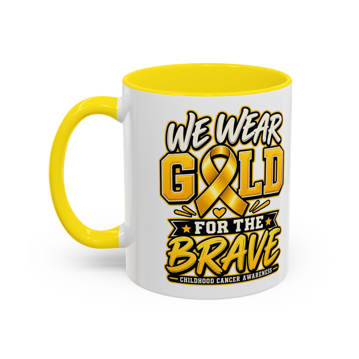 Childhood Cancer Awareness Accent Coffee Mug – "We Wear Gold for the Brave" (11/15 oz)