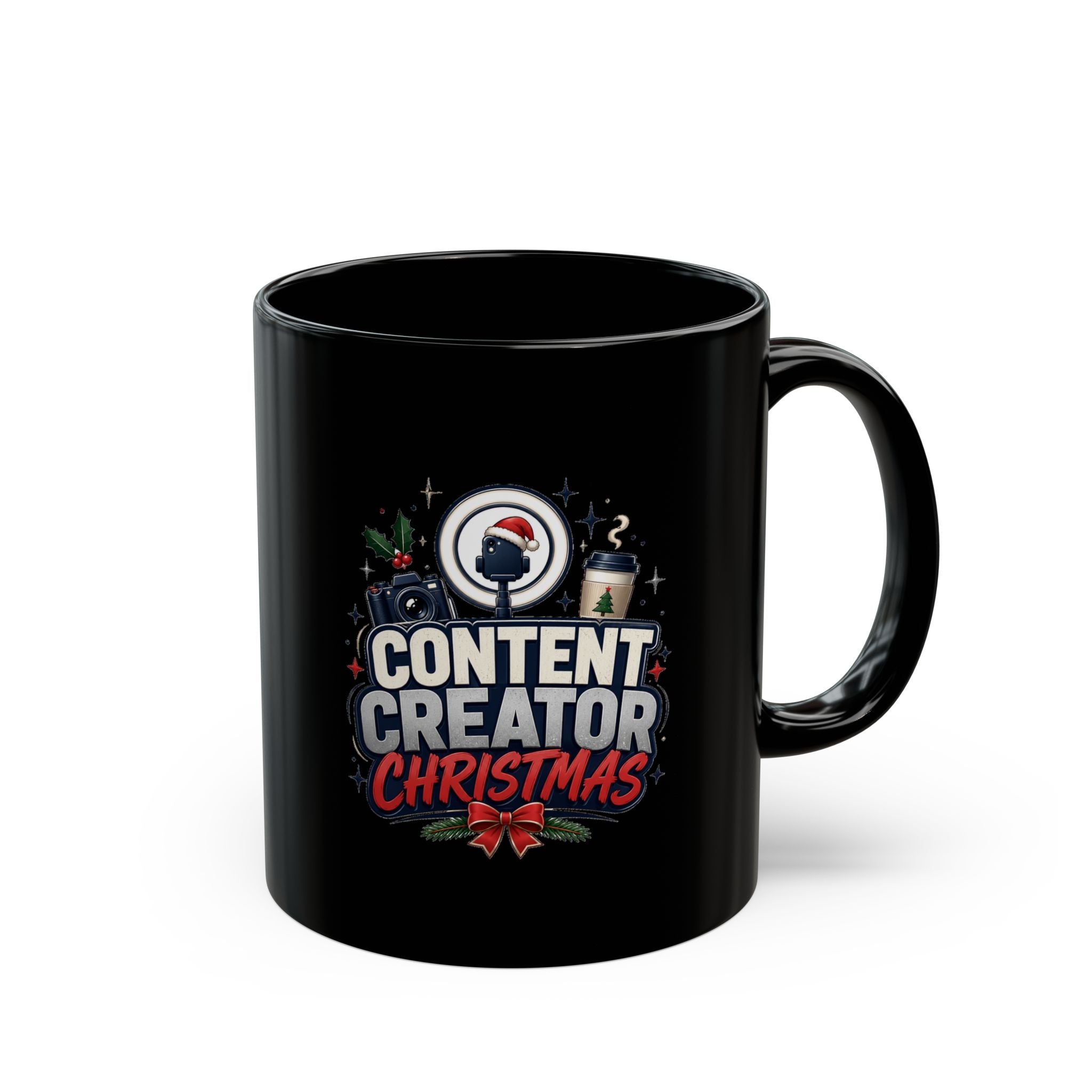 Modern Day Christmas Content Creator Christmas Mug — Black Holiday Coffee Cup for Social Media Creators