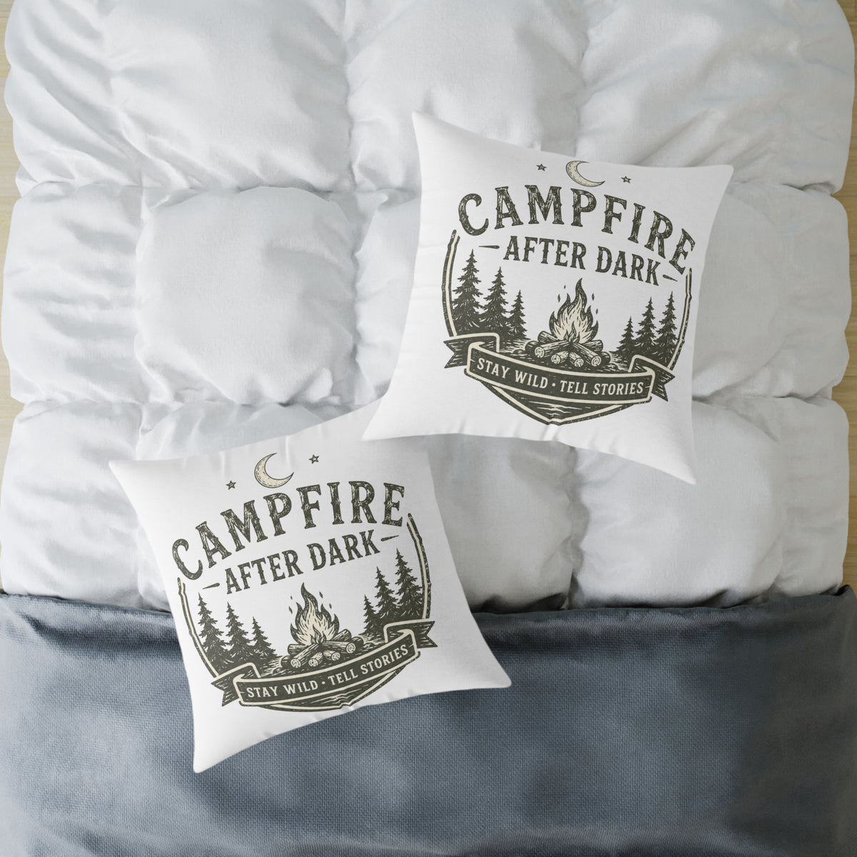Milo Bailey Dog Dad Mom Pillow — Campfire After Dark Decorative Throw Pillow (Stay Wild, Tell Stories)