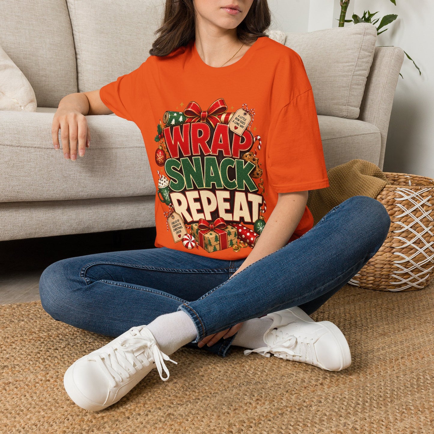 T-Shirt — "Wrap Snack Repeat" Christmas Graphic Tee