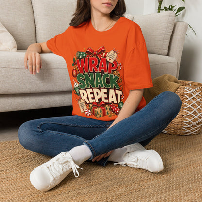 T-Shirt — "Wrap Snack Repeat" Christmas Graphic Tee