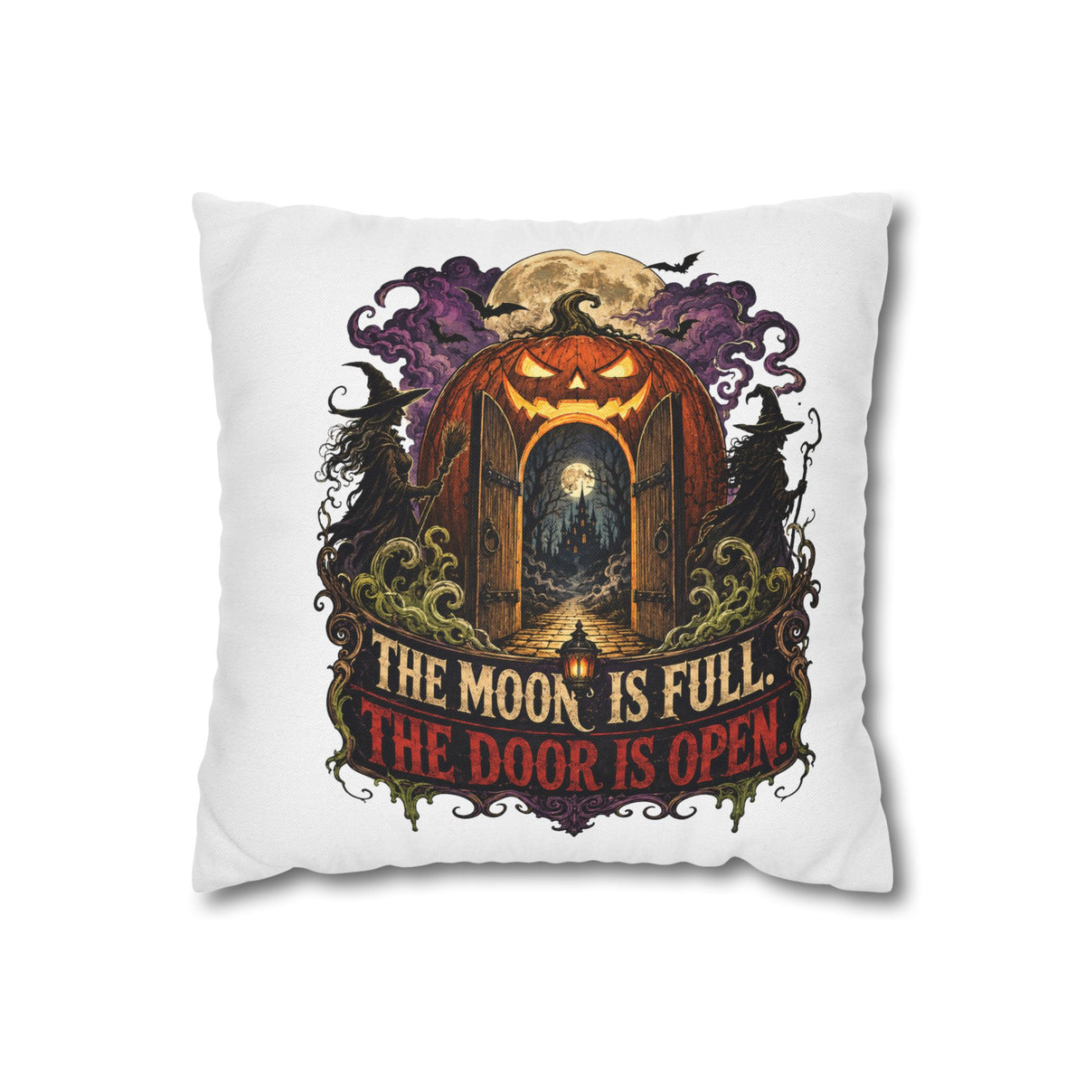 Halloween Pumpkin Door Pillowcase - "The Moon Is Full, The Door Is Open" Spun Polyester Throw Pillow