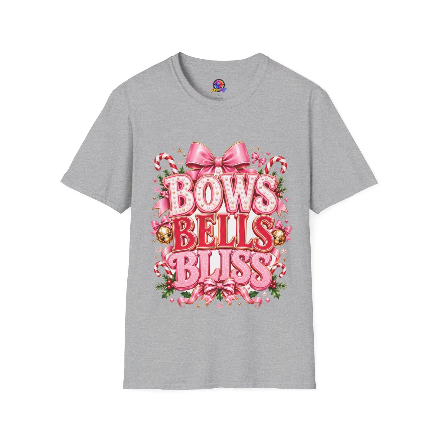 Bows Bells Bliss Christmas T‑Shirt — Pink Holiday Bow Graphic