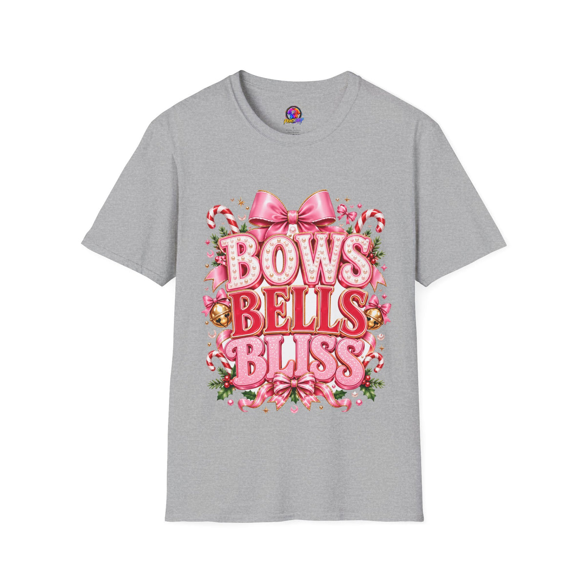 Bows Bells Bliss Christmas T‑Shirt — Pink Holiday Bow Graphic