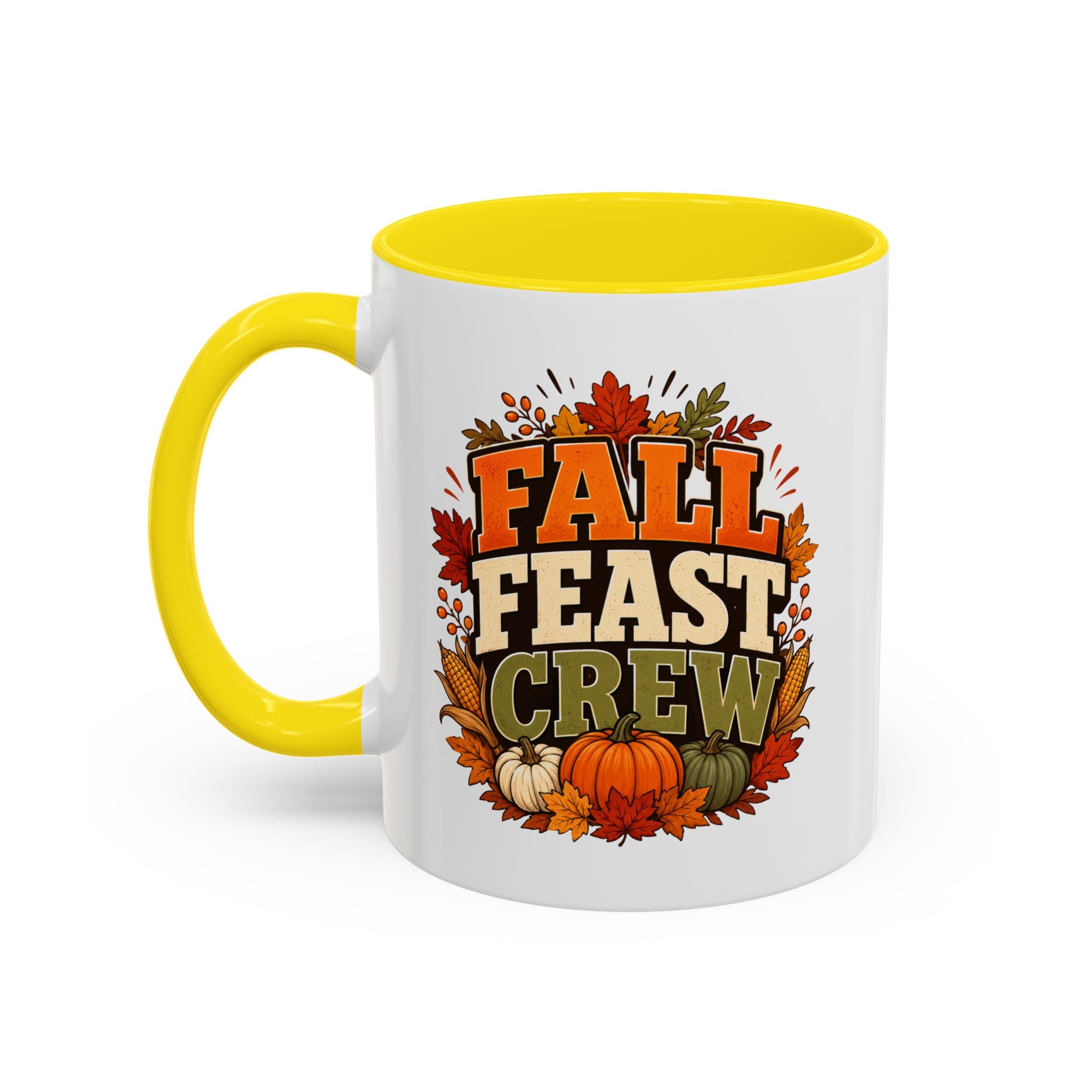 Thanksgiving Mug Fall Feast Crew Coffee Mug — Thanksgiving Pumpkin Autumn Leaves Accent Mug