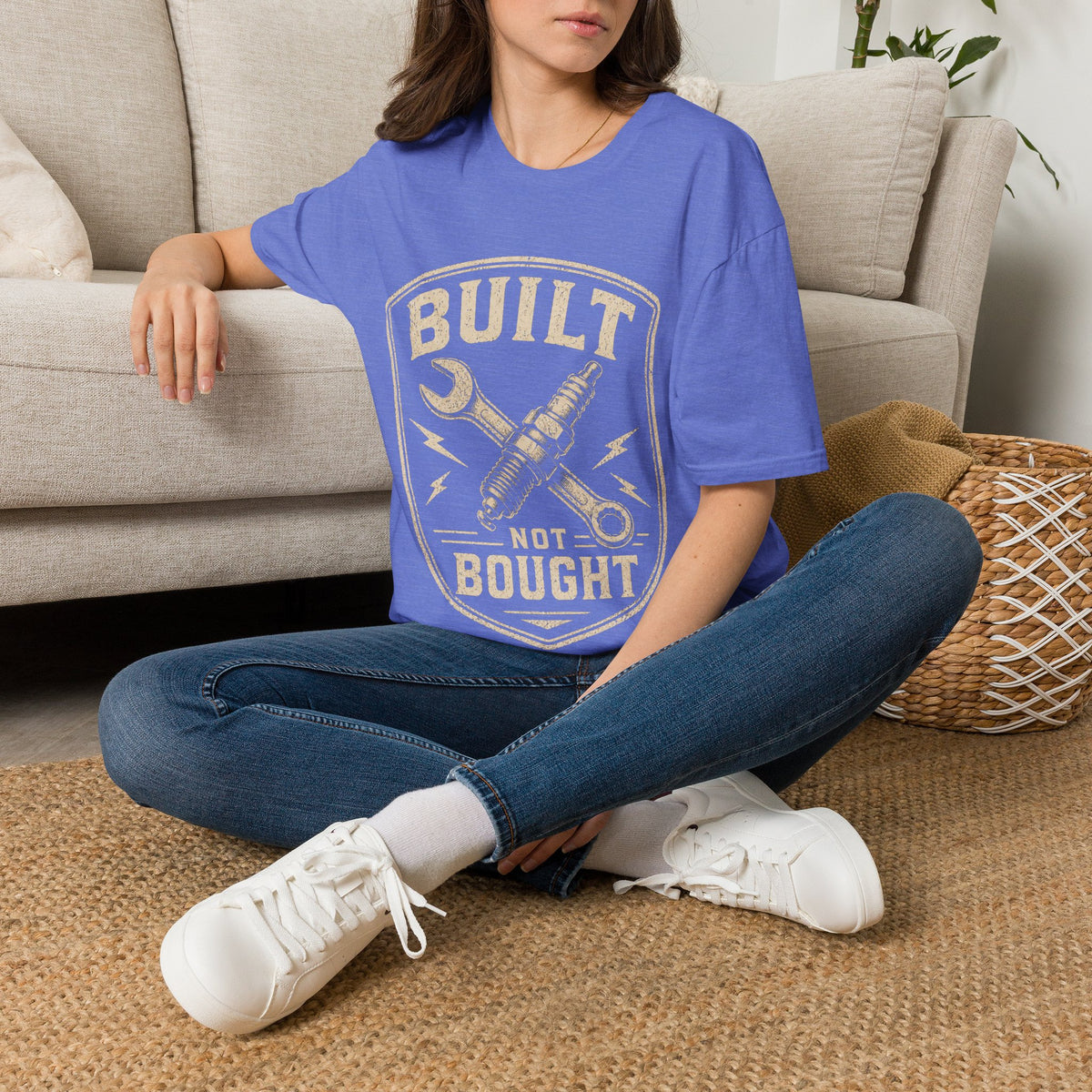 Built Not Bought T-Shirt — Vintage Mechanic Wrench & Spark Plug Design