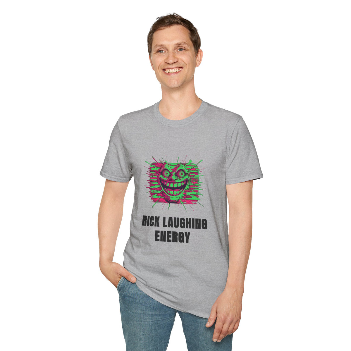 T-Shirt — 'Rick Laughing Energy' Neon Glitch Graphic - Trending Now - August 2026