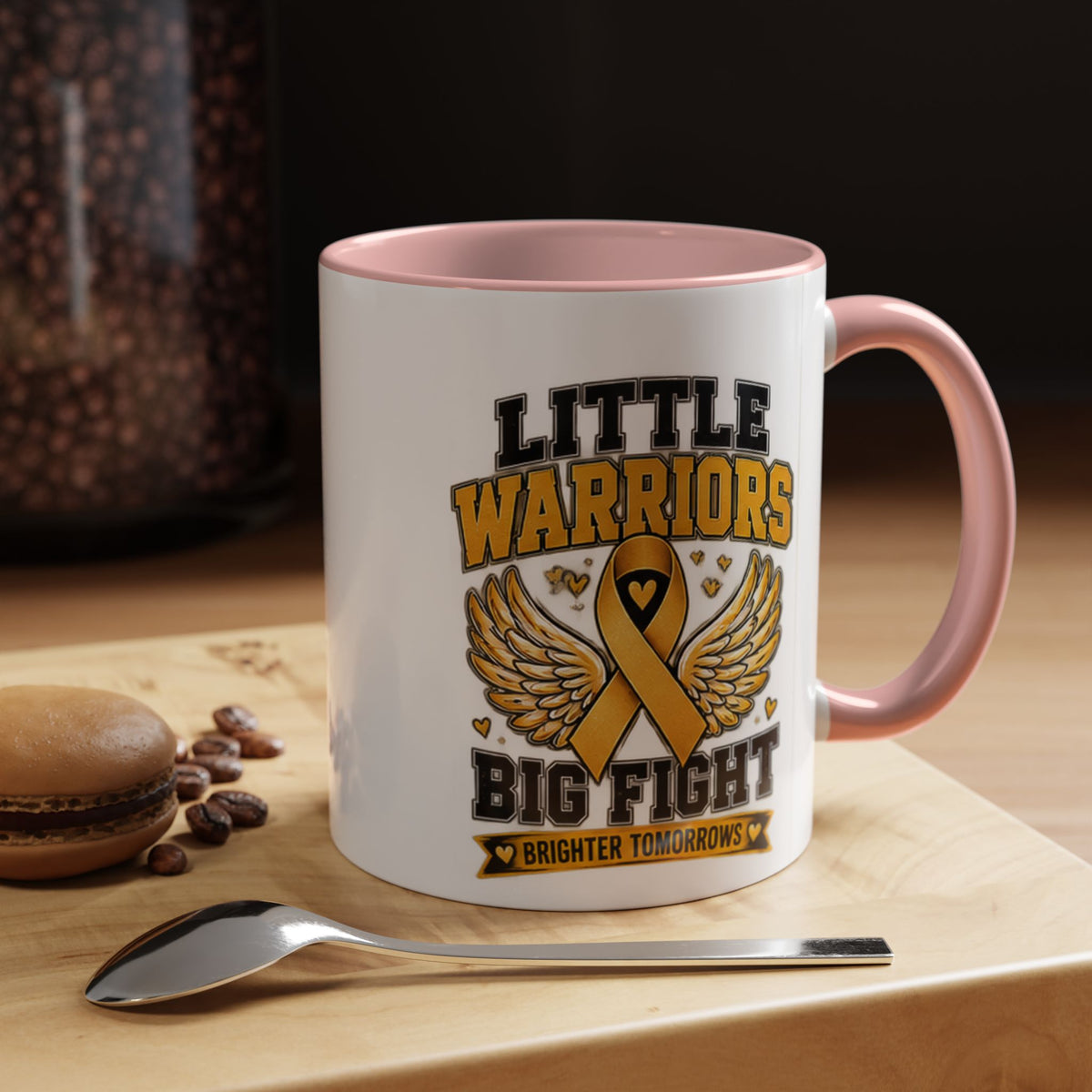 Little Warriors Big Fight Childhood Cancer Awareness Coffee Mug — Gold Ribbon Support Accent Mug