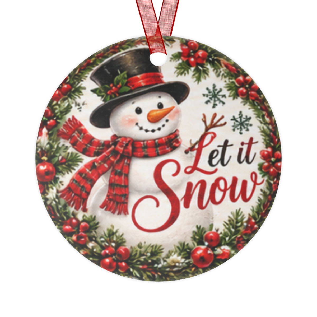 Let It Snow Snowman Metal Ornament — Round Christmas Holiday Decoration