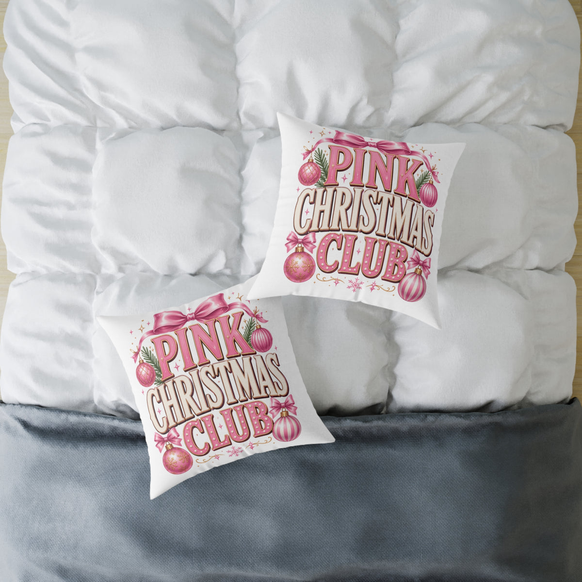 Pink Christmas Club Throw Pillow — Festive Pink Holiday Decorative Cushion