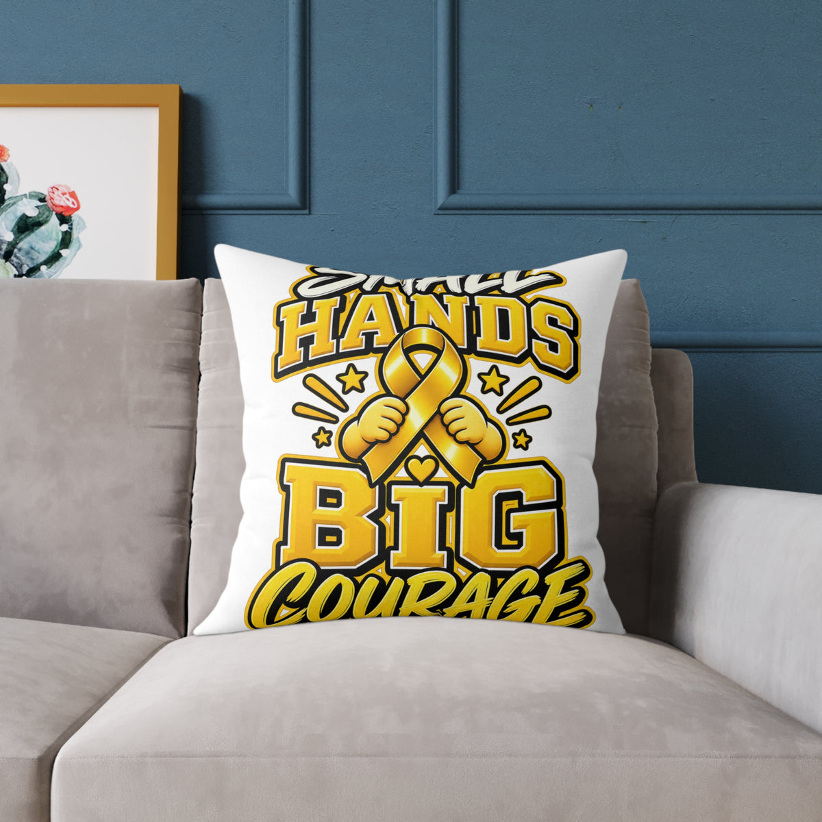 Square Pillow — "Small Hands Big Courage" Gold Ribbon Awareness Throw Pillow