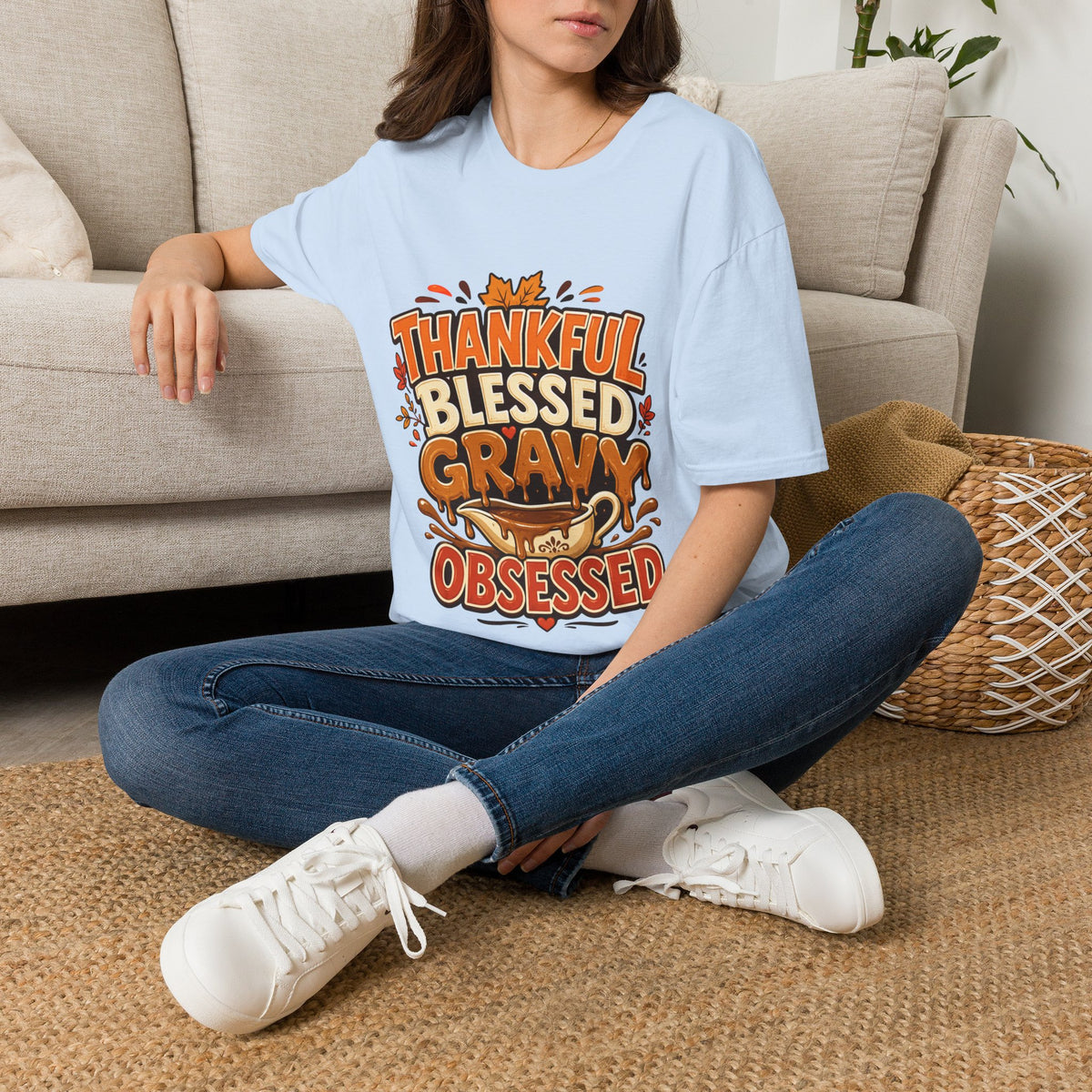 Thanksgiving T-shirt Thankful Blessed Gravy Obsessed T-Shirt — Thanksgiving Fall Turkey Dinner Tee