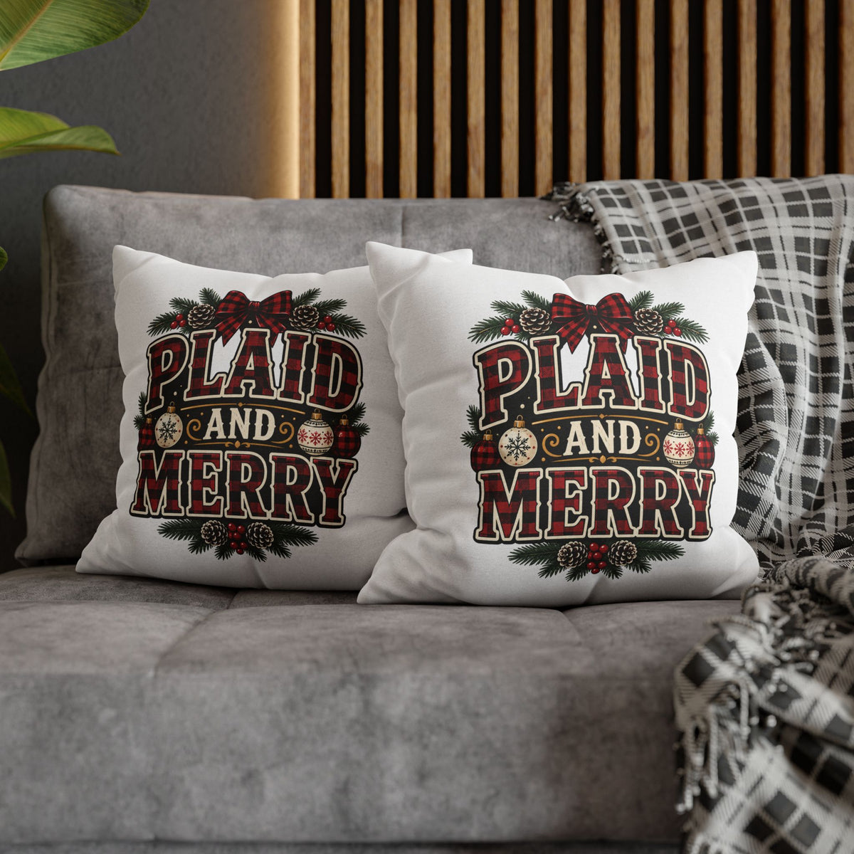 Plaid and Merry Christmas Throw Pillowcase — Festive Buffalo Plaid Holiday Decor