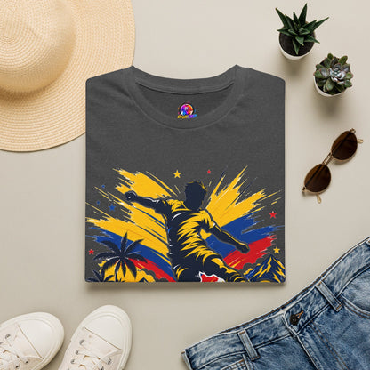 Columbia Soccer Player Graphic T-Shirt — "Golden Rhythm" Vibrant Beach Soccer Tee