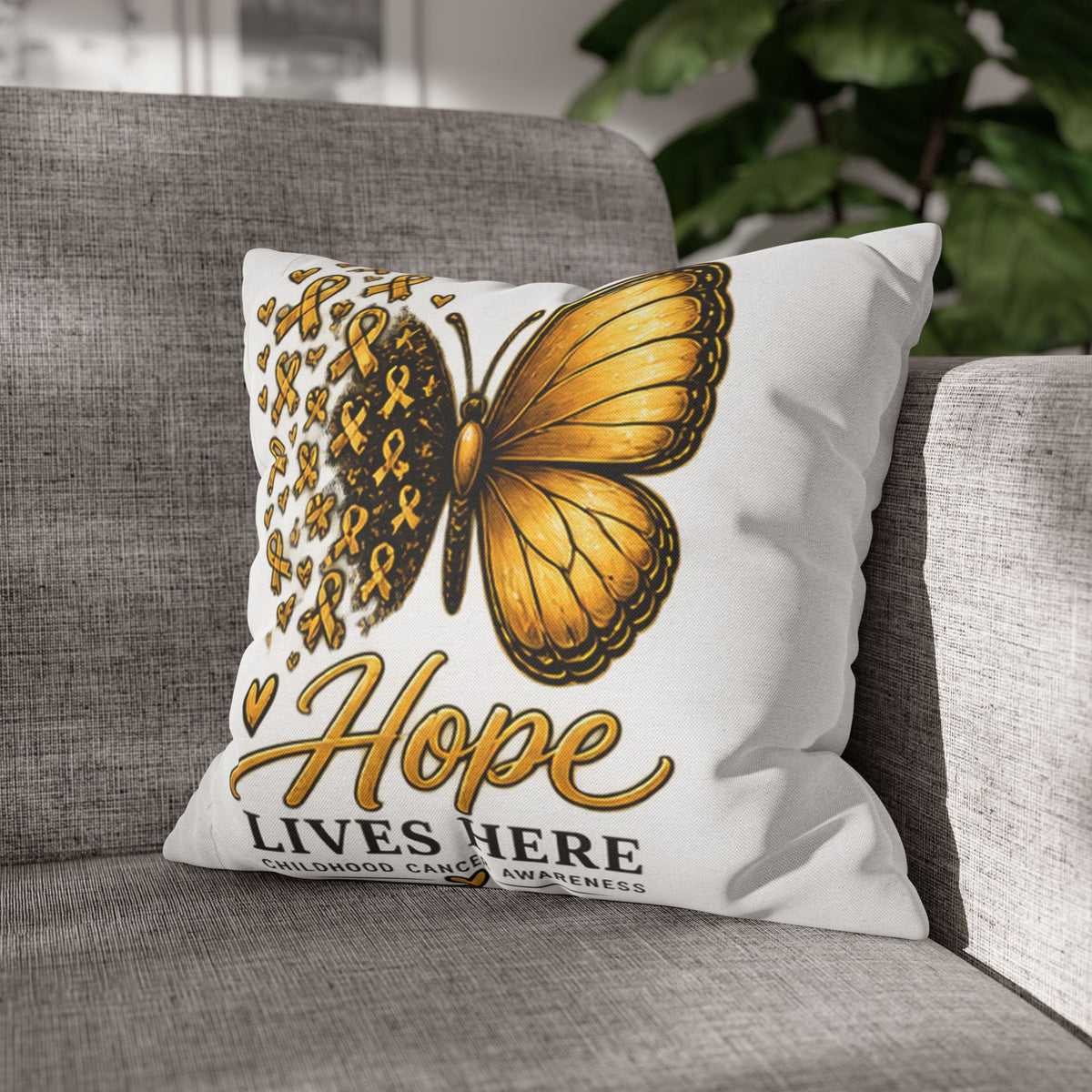Childhood Cancer Awareness Pillow – "Hope Lives Here" Gold Ribbon Butterfly Square Pillowcase