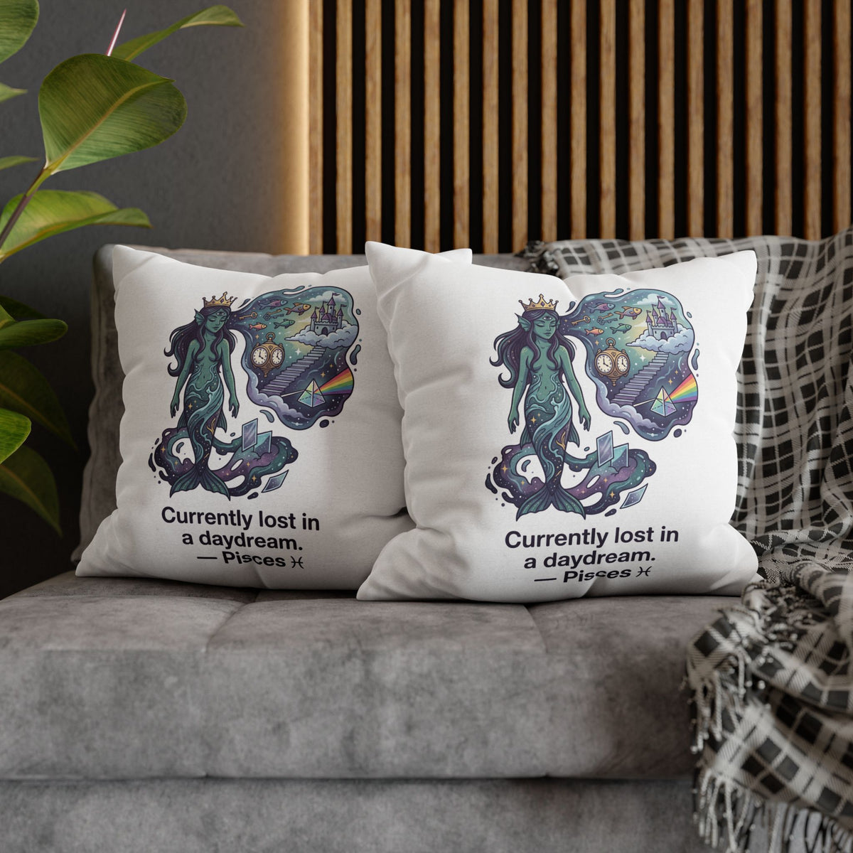 Pisces Mermaid Pillowcase — "Currently Lost in a Daydream" Decorative Throw Pillow