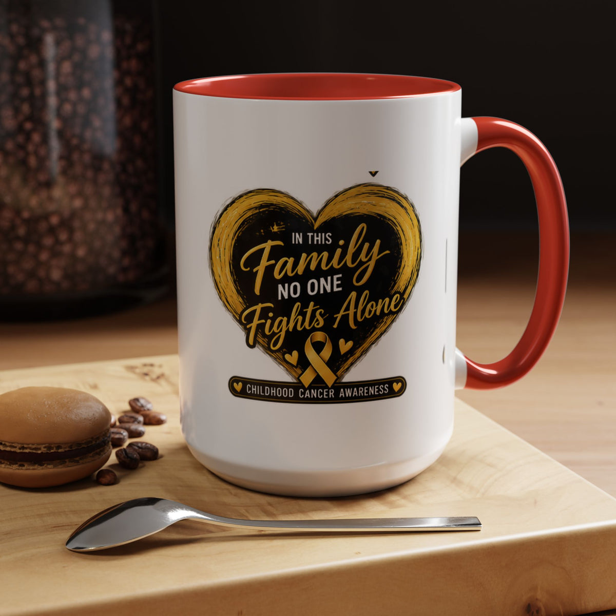 Childhood Cancer Awareness Accent Coffee Mug — "In This Family No One Fights Alone"