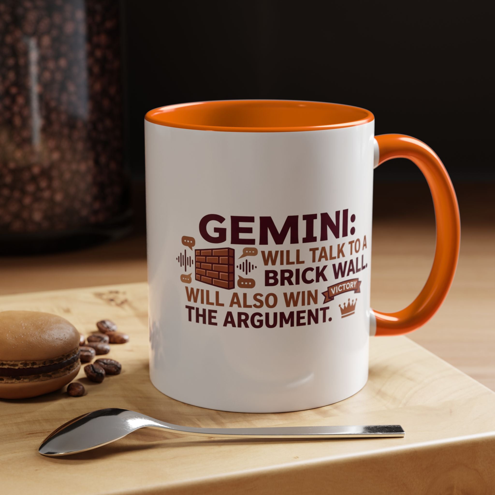 Gemini Coffee Mug — “Gemini: Will Talk to a Brick Wall, Will Also Win the Argument” Accent Mug