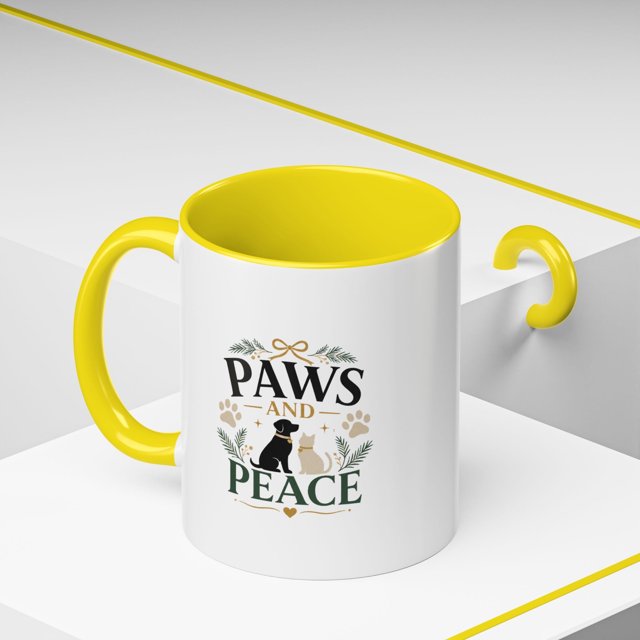 Christmas Paws and Peace Accent Coffee Mug — Dog & Cat Holiday Coffee Cup